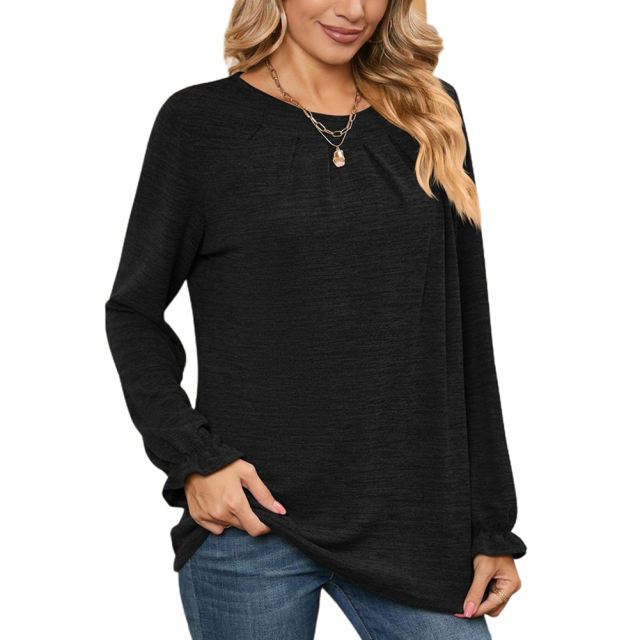 Black Pleated Round Neck Long Sleeve Tops