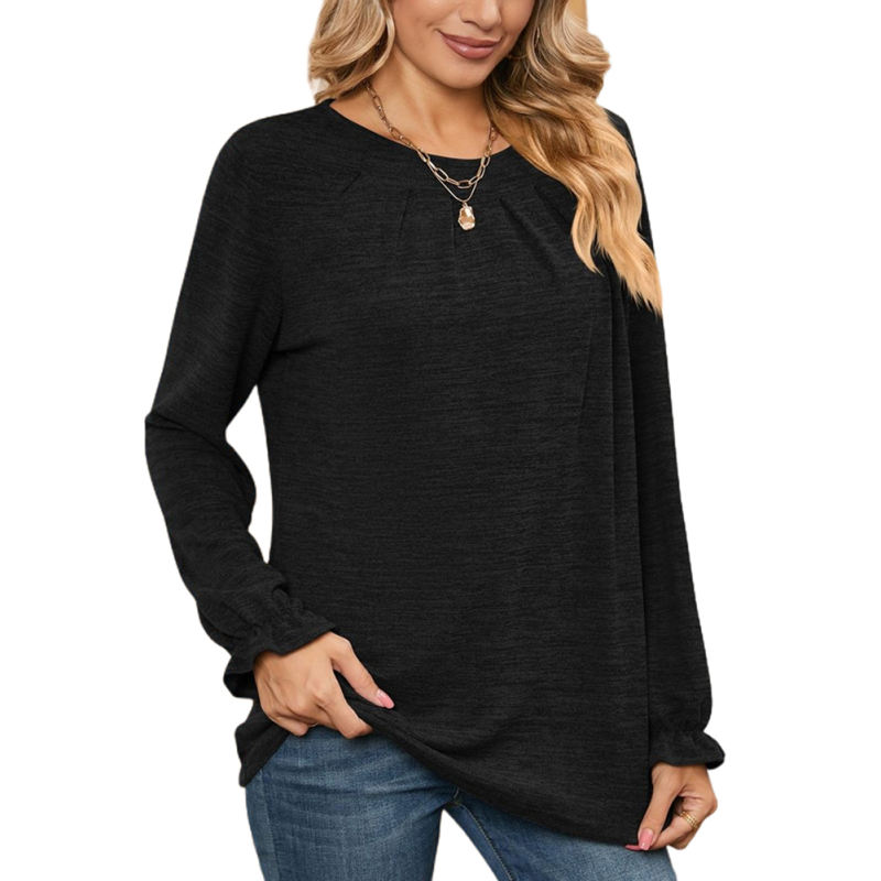 Black Pleated Round Neck Long Sleeve Tops