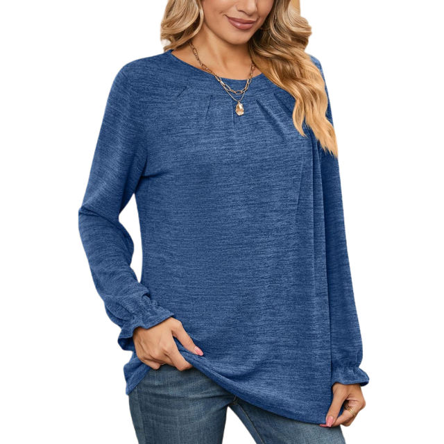 Blue Pleated Round Neck Long Sleeve Tops