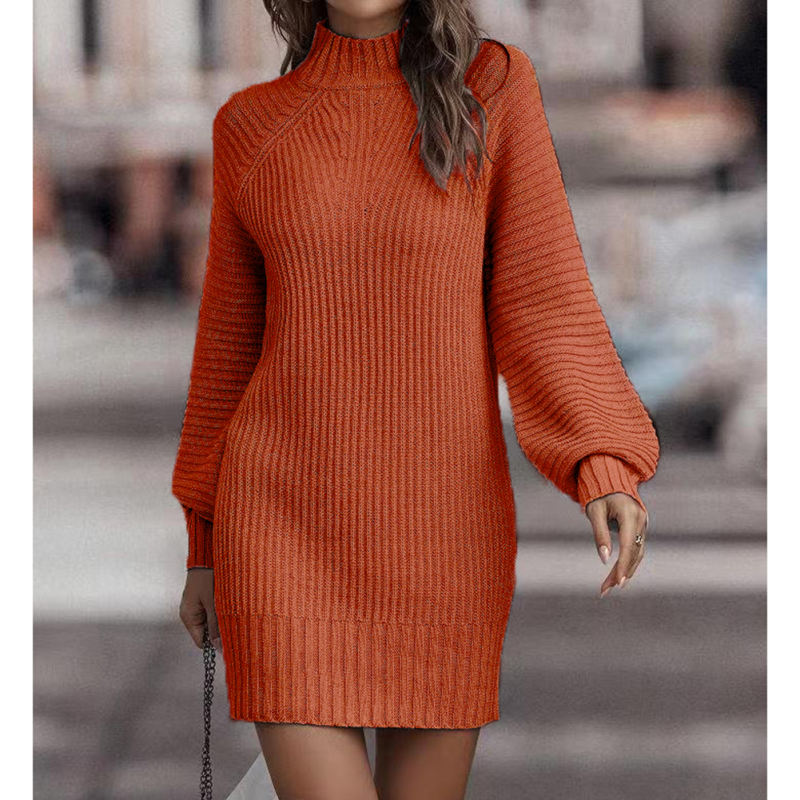 Orange Turtleneck Knit Sweater Dress
