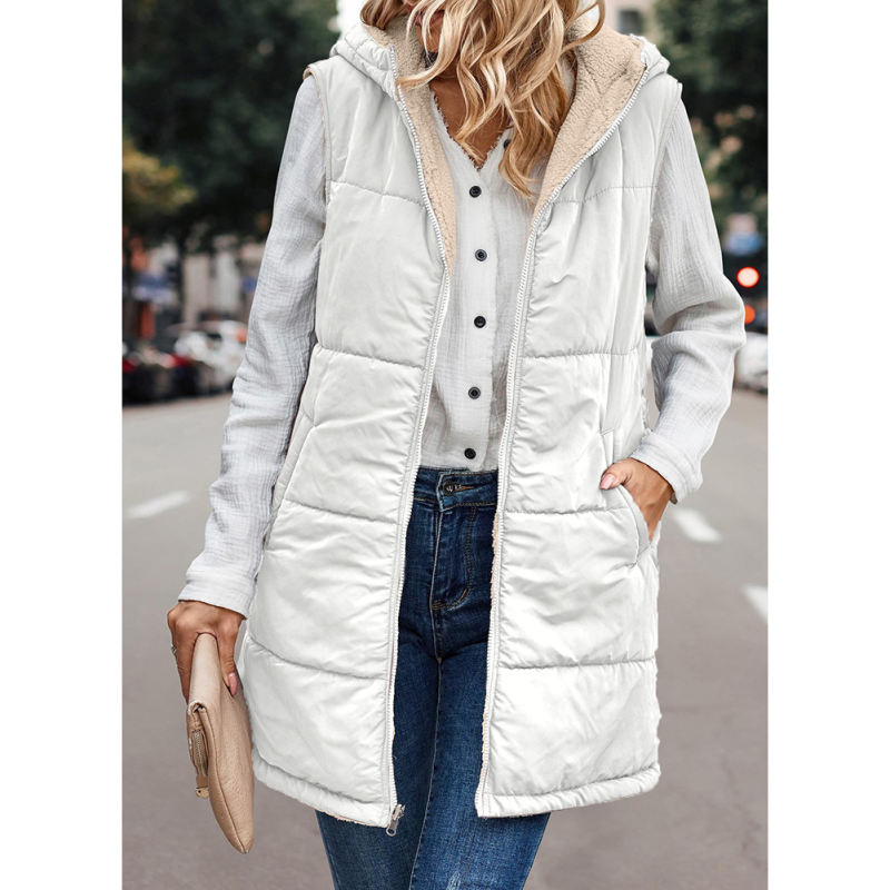 White Full-zip Double-sided Hooded Vest Coat