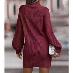 Wine Red Turtleneck Knit Sweater Dress