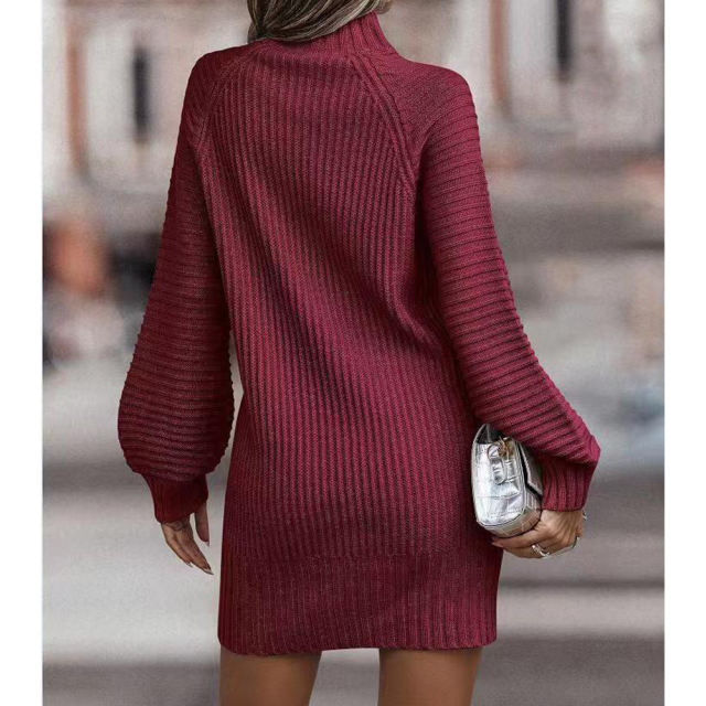 Wine Red Turtleneck Knit Sweater Dress