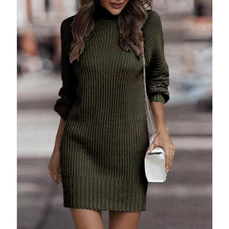 Dark Green Turtleneck Knit Sweater Dress