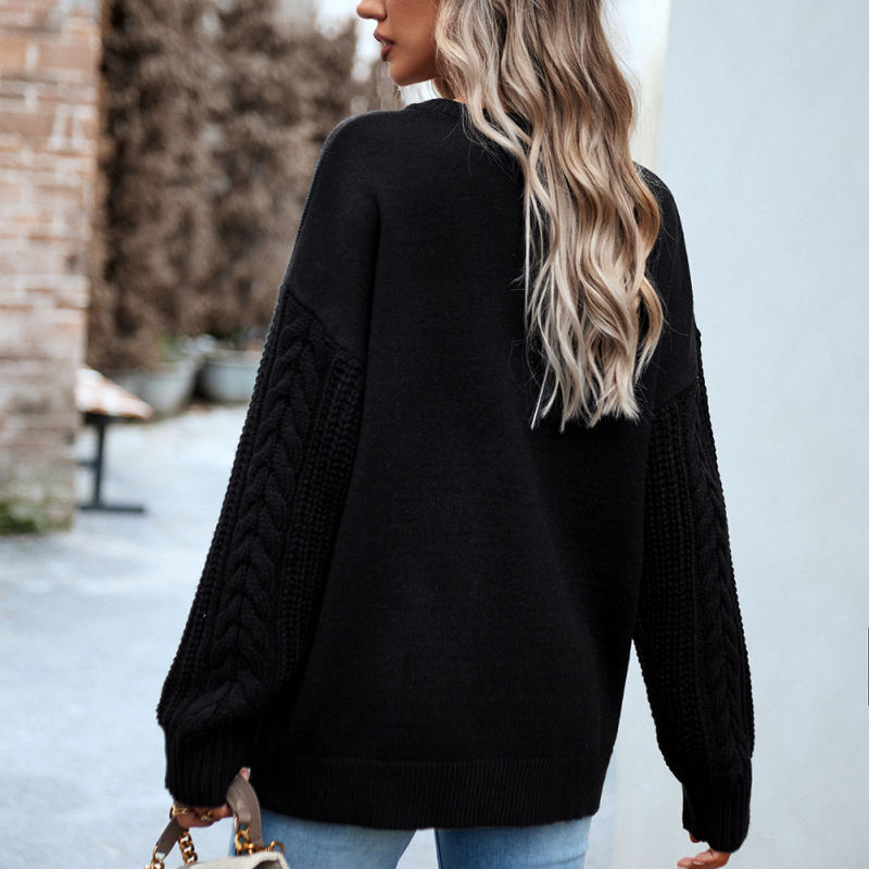 Black Round Neck Drop Shoulder Knit Sweater