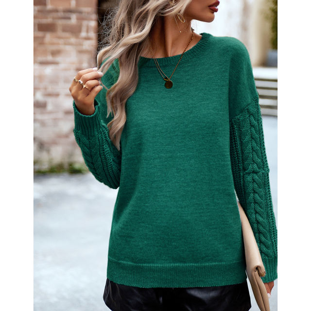 Green Round Neck Drop Shoulder Knit Sweater