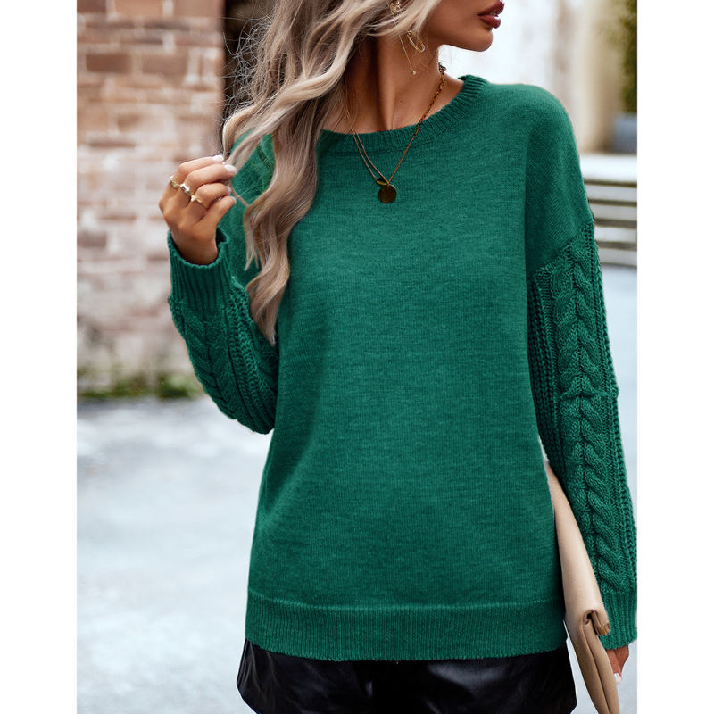 Green Round Neck Drop Shoulder Knit Sweater