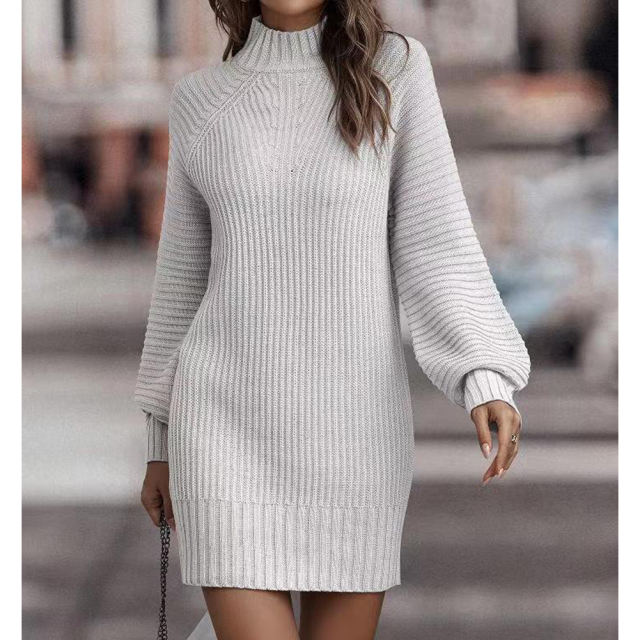 White Turtleneck Knit Sweater Dress