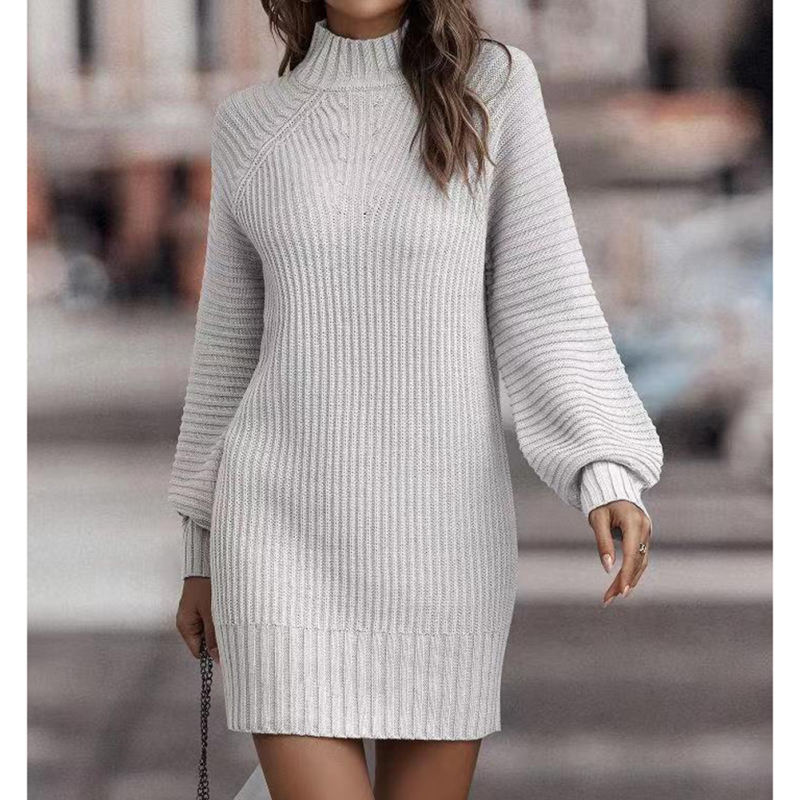 White Turtleneck Knit Sweater Dress