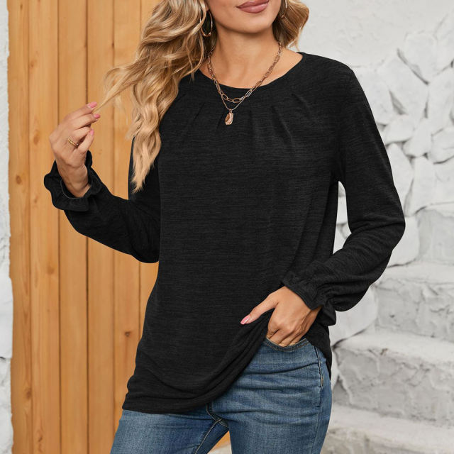 Black Pleated Round Neck Long Sleeve Tops