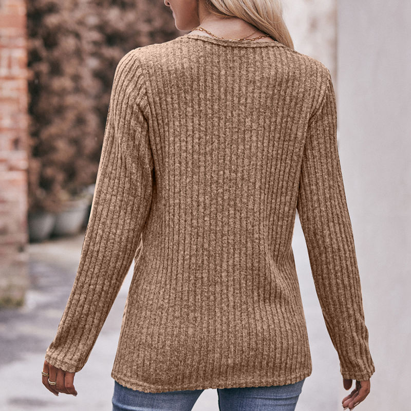Camel Ribbed Button Split Long Sleeve Tops