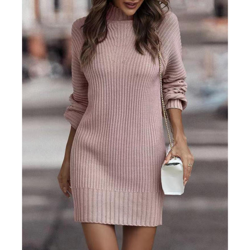 Pink Turtleneck Knit Sweater Dress