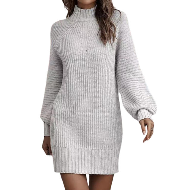 White Turtleneck Knit Sweater Dress