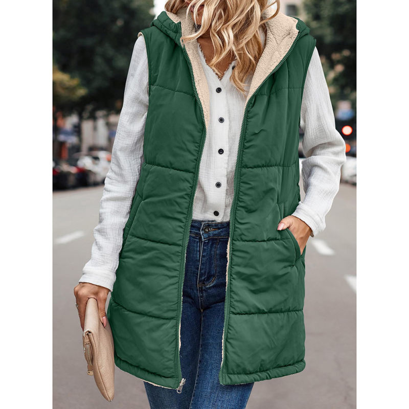 Green Full-zip Double-sided Hooded Vest Coat