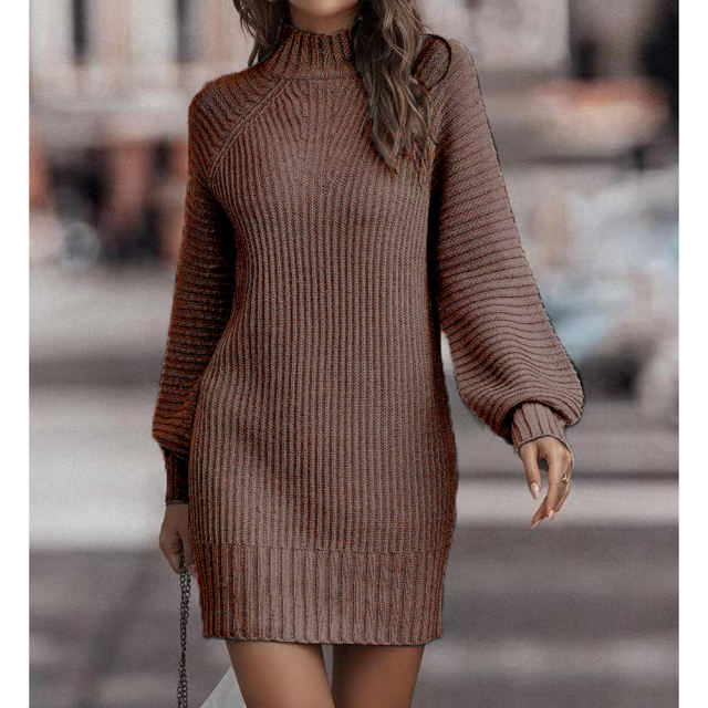 Coffee Turtleneck Knit Sweater Dress