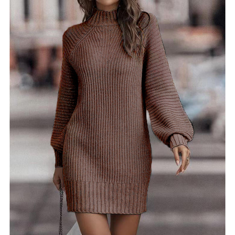 Coffee Turtleneck Knit Sweater Dress