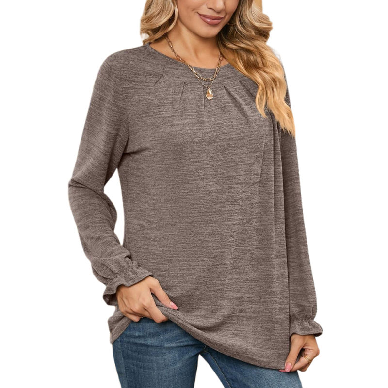 Brown Pleated Round Neck Long Sleeve Tops