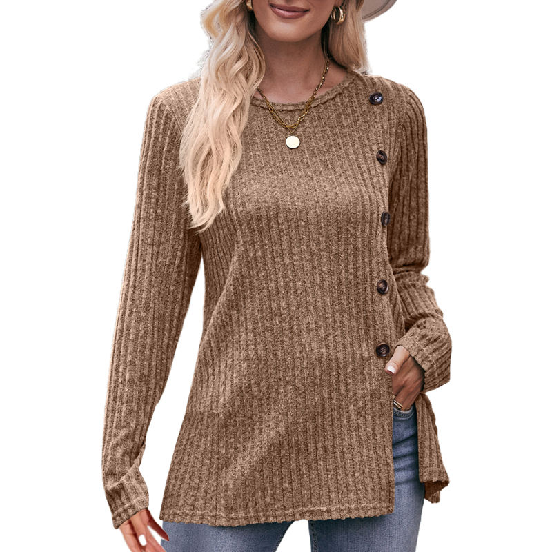 Camel Ribbed Button Split Long Sleeve Tops
