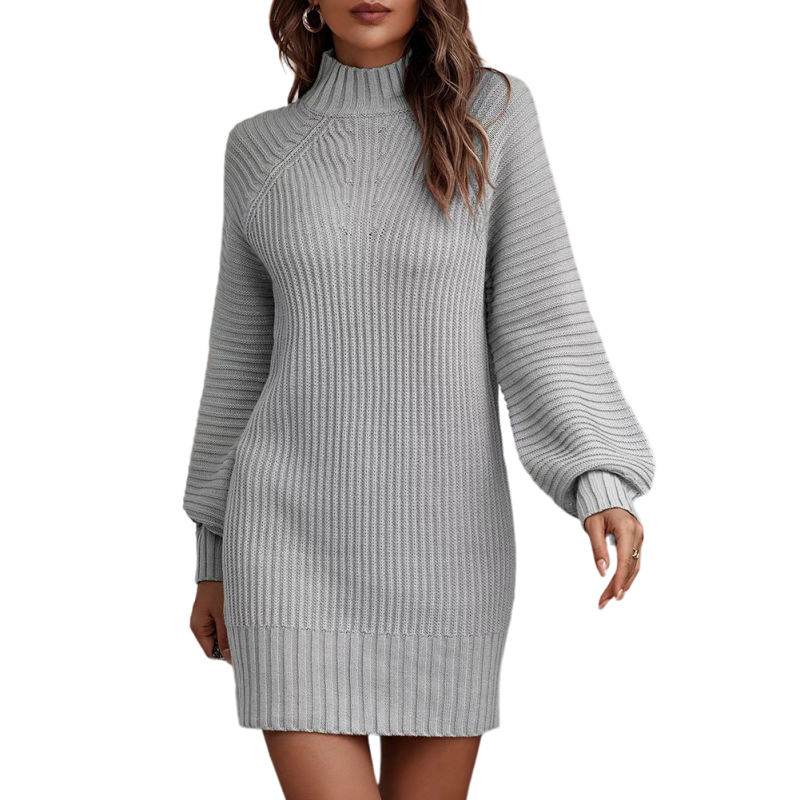 Grey Turtleneck Knit Sweater Dress
