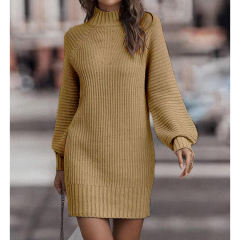 Khaki Turtleneck Knit Sweater Dress