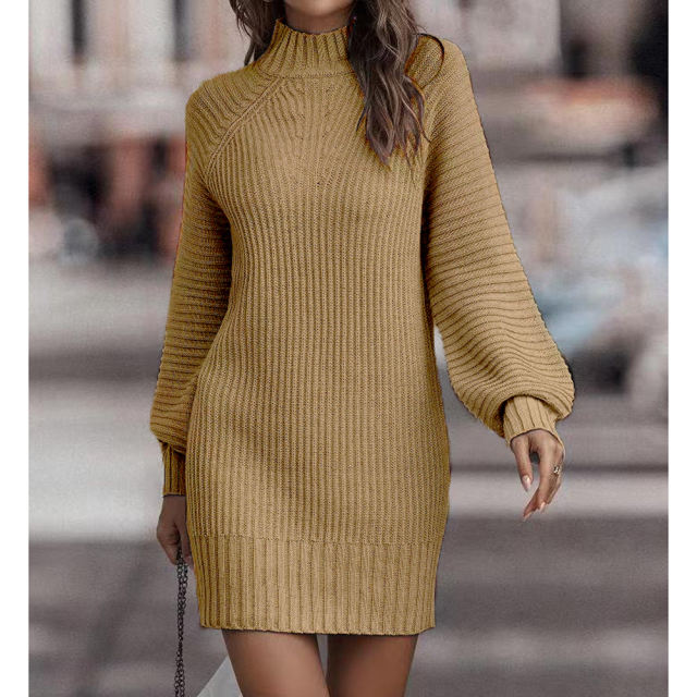 Khaki Turtleneck Knit Sweater Dress