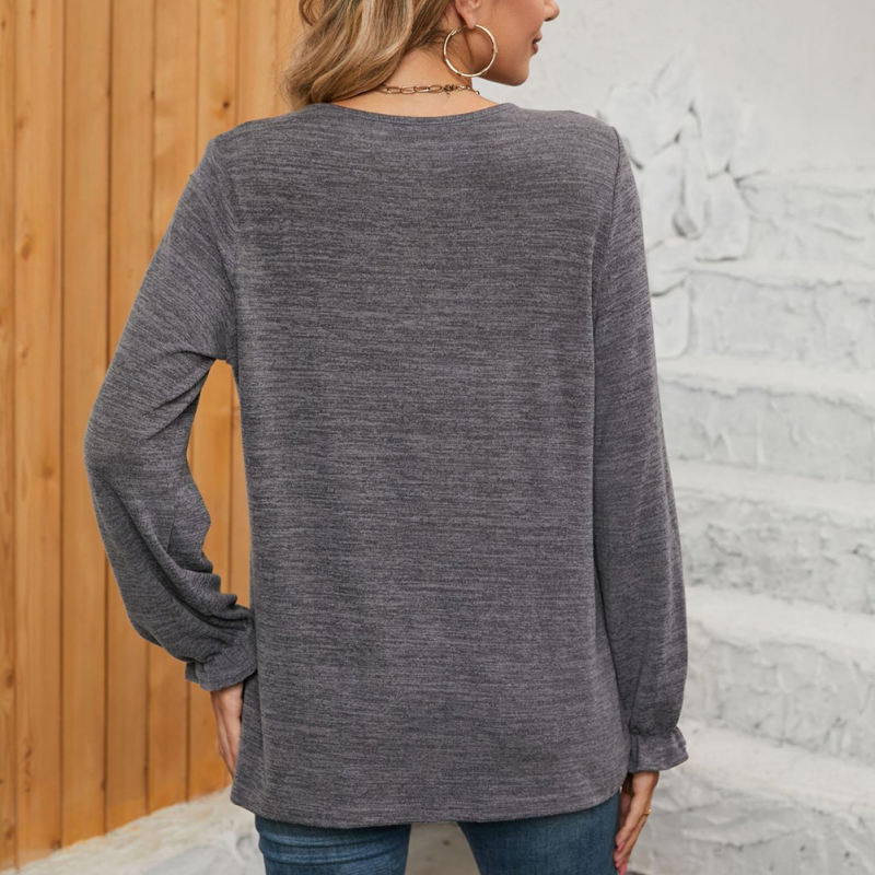 Grey Pleated Round Neck Long Sleeve Tops