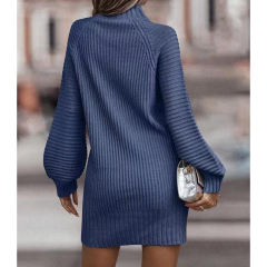 Blue Turtleneck Knit Sweater Dress