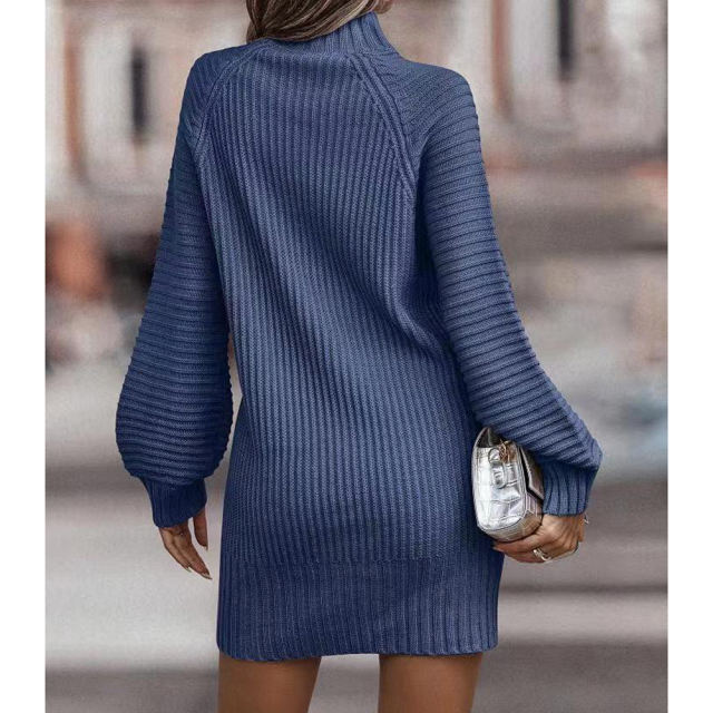 Blue Turtleneck Knit Sweater Dress