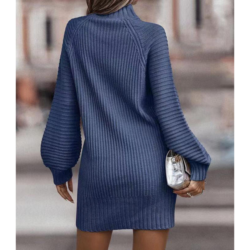 Blue Turtleneck Knit Sweater Dress