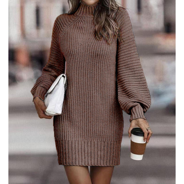 Coffee Turtleneck Knit Sweater Dress