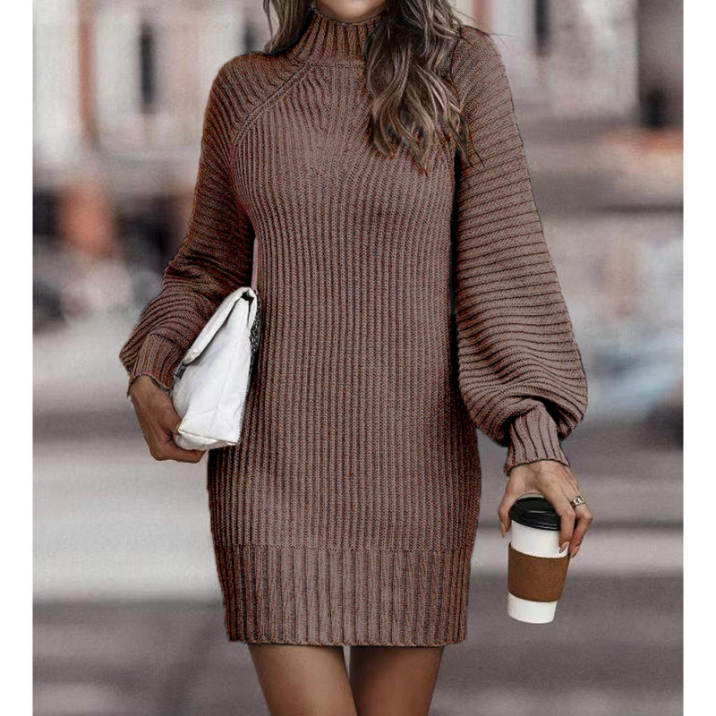 Coffee Turtleneck Knit Sweater Dress