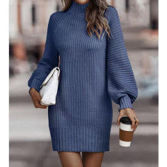 Blue Turtleneck Knit Sweater Dress