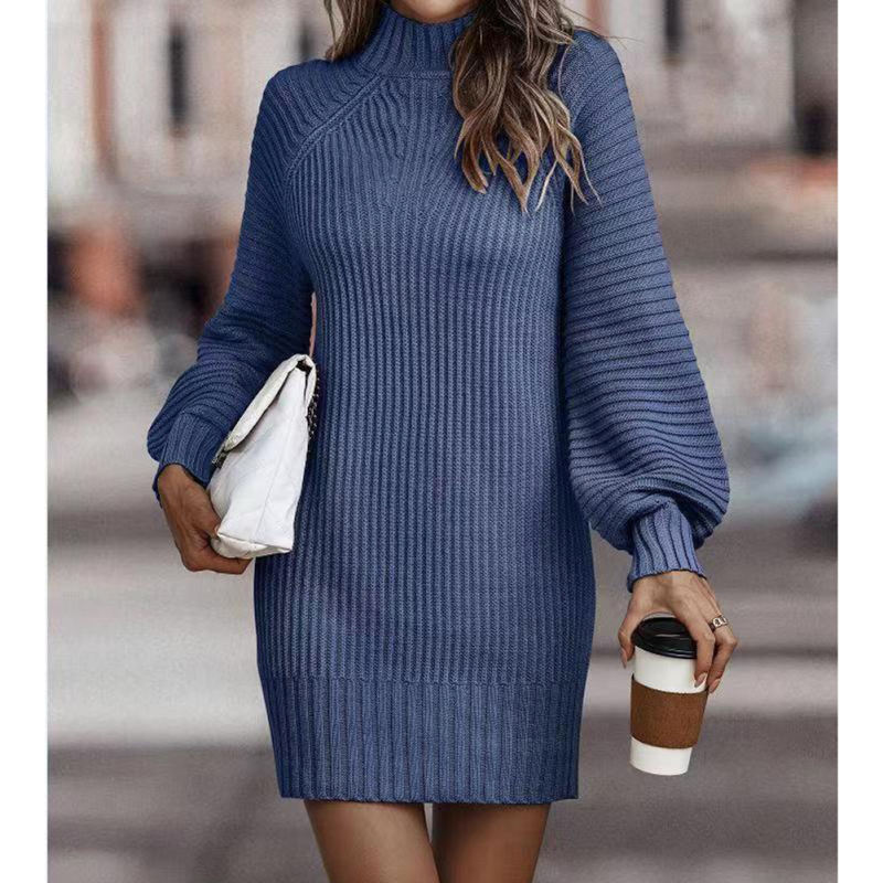 Blue Turtleneck Knit Sweater Dress