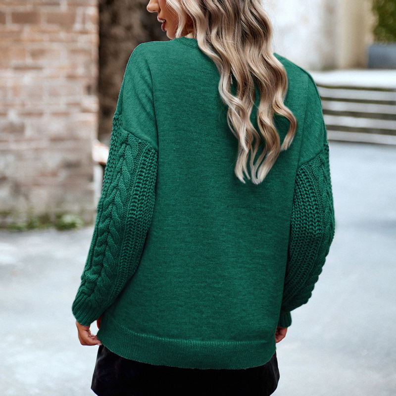 Green Round Neck Drop Shoulder Knit Sweater