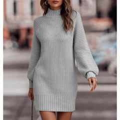 Grey Turtleneck Knit Sweater Dress
