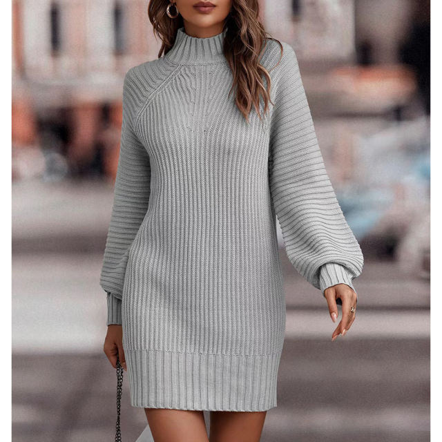 Grey Turtleneck Knit Sweater Dress