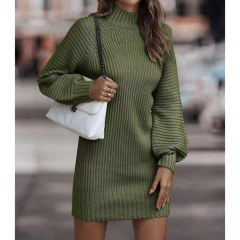 Army Green Turtleneck Knit Sweater Dress