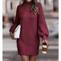 Wine Red Turtleneck Knit Sweater Dress
