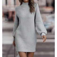 Grey Turtleneck Knit Sweater Dress