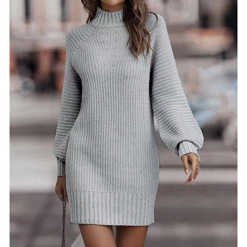 Grey Turtleneck Knit Sweater Dress