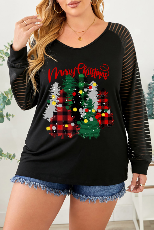 Black Christmas Tree Printed Sheer Striped Sleeve Plus Top