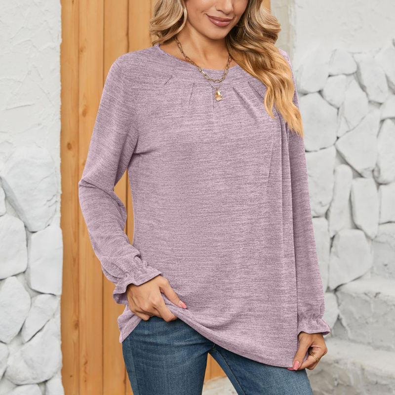 Light Purple Pleated Round Neck Long Sleeve Tops