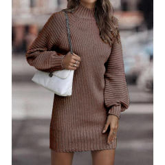 Coffee Turtleneck Knit Sweater Dress