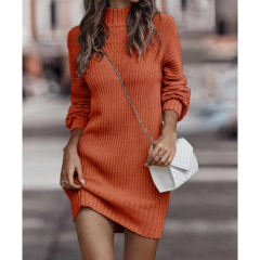 Orange Turtleneck Knit Sweater Dress