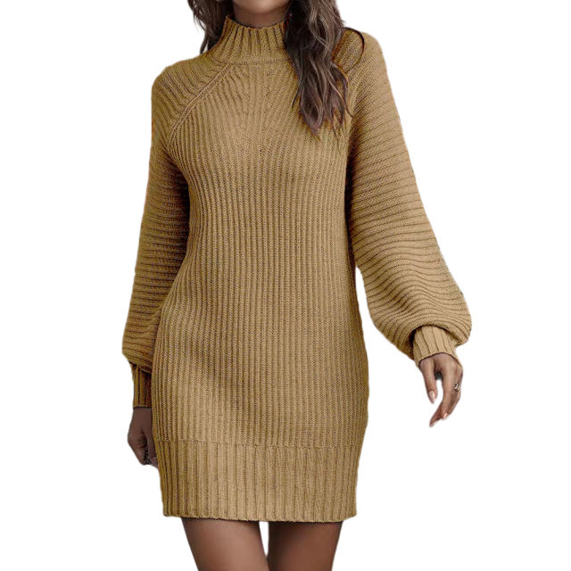 Khaki Turtleneck Knit Sweater Dress