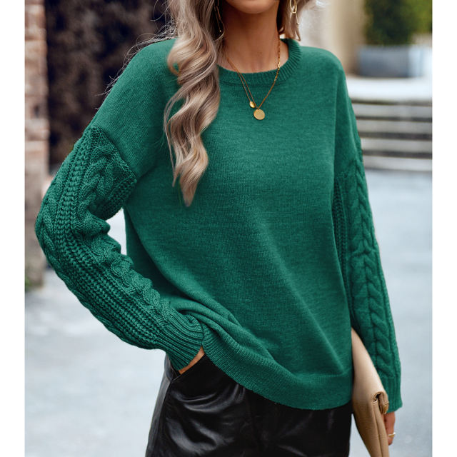 Green Round Neck Drop Shoulder Knit Sweater