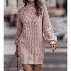 Pink Turtleneck Knit Sweater Dress