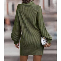 Army Green Turtleneck Knit Sweater Dress