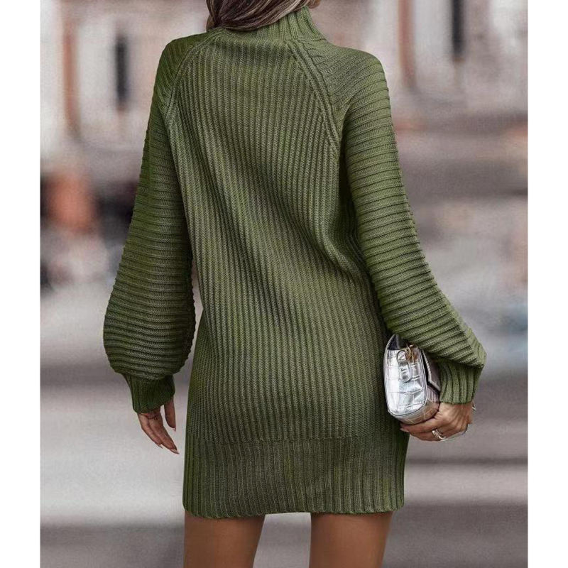 Army Green Turtleneck Knit Sweater Dress
