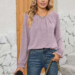 Light Purple Pleated Round Neck Long Sleeve Tops
